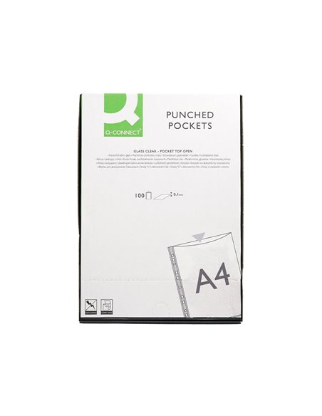 Pochette q-connect polypropylène lisse 10/100e perforée cristal antistatique a4 210x297mm boite de 100 unites.