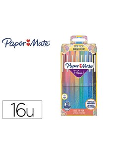 Feutre ecriture paper mate flair original pointe moyenne 0,7mm encres wallet assorties blister 16 couleurs.
