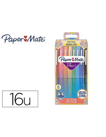 Feutre ecriture paper mate flair original pointe moyenne 0,7mm encres wallet assorties blister 16 couleurs.