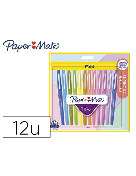 Feutre ecriture paper mate flair pastel pointe nylon 0,7mm bouchon ventile clip metal blister 12 unites.