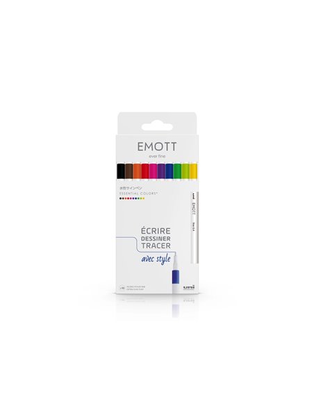 Feutre uniball emott essential colors pointe fine coloris assortis pochette 10 unites.