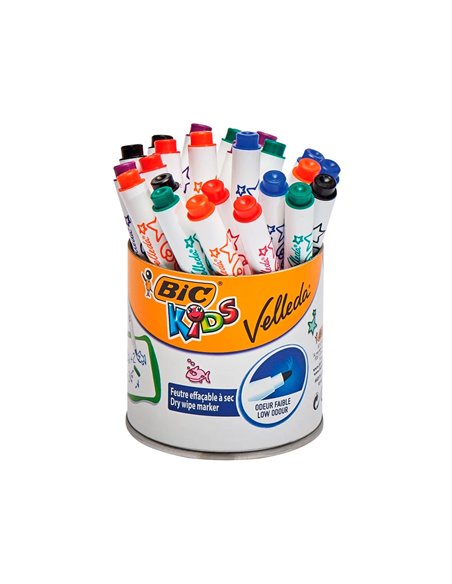 Marqueur bic mini velleda corps plastique effaçable pointe ogive 1.2mm résistante faible odeur 6 couleurs pot 24 unités.