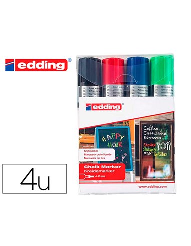 Marqueur edding craie liquide e4095 fenêtre ardoise verre pointe ogive 2 à 3mm assortis pochette 4 unités.