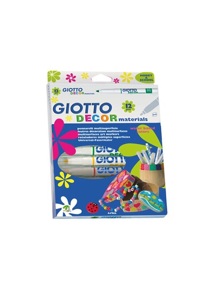 Marqueur giotto décor materials multi-supports permanent sur surfaces poreuses effaçable sur verre 12 unités assorties.