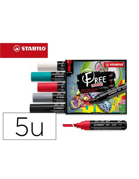 Marqueur stabilo bold free acrylic toutes surfaces t800 pointe large biseautee set 2 coloris assortis coffret 5 unites.