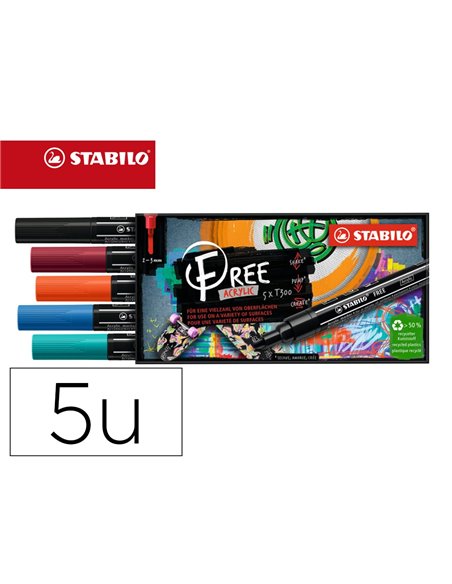 Marqueur stabilo urban free acrylic toutes surfaces t300 pointe moyenne set 2 coloris assortis coffret 5 unites.