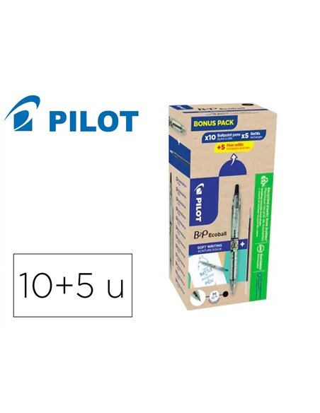 Pack pilot begreen b2p ecoball 10 stylos-bille pointe moyenne + 10 recharges noir.