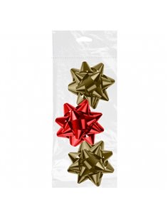 Lot de 3 nœuds cadeaux Dohe Shiny - Forme étoile - Taille 8 cm - Couleurs rouge et or