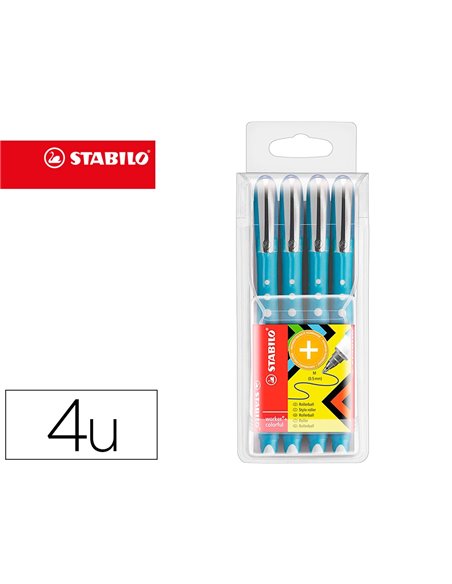 Roller stabilo worker colorful pointe en metal corps plastique encre liquide pochette de 4u.