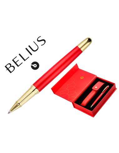 Stylo-bille et etui en simili cuir belius passion aluminium brosse attributs or encre bleue coloris rouge coffret cadeau.