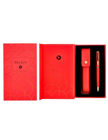 Stylo-bille et etui en simili cuir belius passion aluminium brosse attributs or encre bleue coloris rouge coffret cadeau.