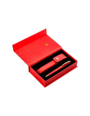 Stylo-bille et etui en simili cuir belius passion aluminium brosse attributs or encre bleue coloris rouge coffret cadeau.