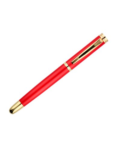 Stylo-bille et etui en simili cuir belius passion aluminium brosse attributs or encre bleue coloris rouge coffret cadeau.