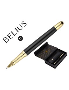 Stylo-bille et etui simili cuir belius soiree aluminium details et attributs or encre bleue coloris noir coffret cadeau.