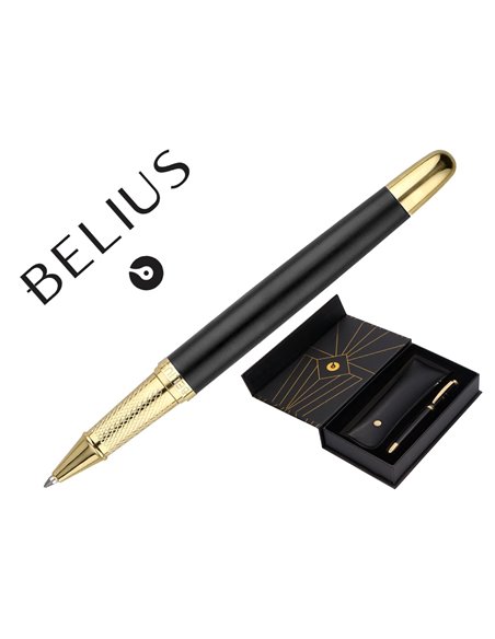 Stylo-bille et etui simili cuir belius soiree aluminium details et attributs or encre bleue coloris noir coffret cadeau.