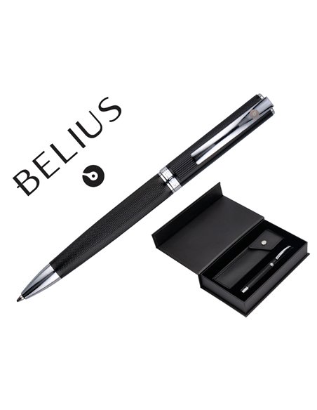 Stylo-bille etui simili cuir belius turbo alum. Texture pointillee attributs argent encre bleue col. Noir coffret cadeau.
