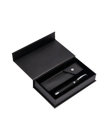 Stylo-bille etui simili cuir belius turbo alum. Texture pointillee attributs argent encre bleue col. Noir coffret cadeau.