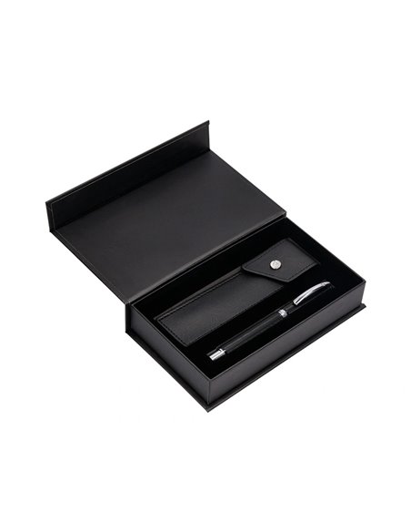 Stylo-bille etui simili cuir belius turbo alum. Texture pointillee attributs argent encre bleue col. Noir coffret cadeau.
