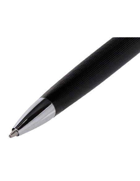 Stylo-bille etui simili cuir belius turbo alum. Texture pointillee attributs argent encre bleue col. Noir coffret cadeau.