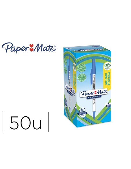 Stylo-bille paper mate kilometrico capuchon pointe moyenne 1mm encre bleue ultra douce boite 50 unites.