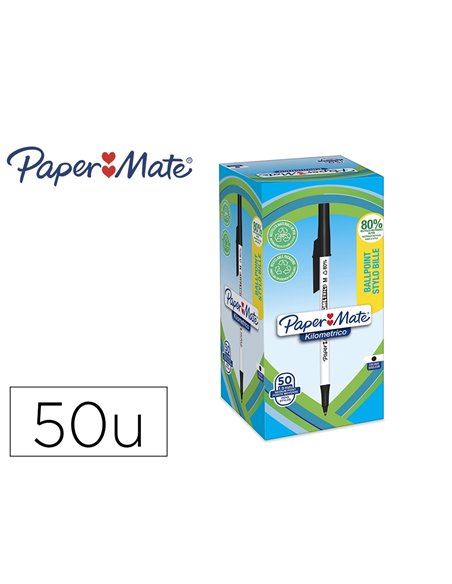 Stylo-bille paper mate kilometrico capuchon pointe moyenne 1mm encre noire ultra douce boite 50 unites.