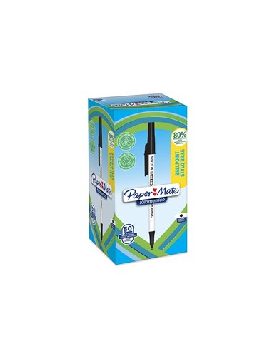 Stylo-bille paper mate kilometrico capuchon pointe moyenne 1mm encre noire ultra douce boite 50 unites.
