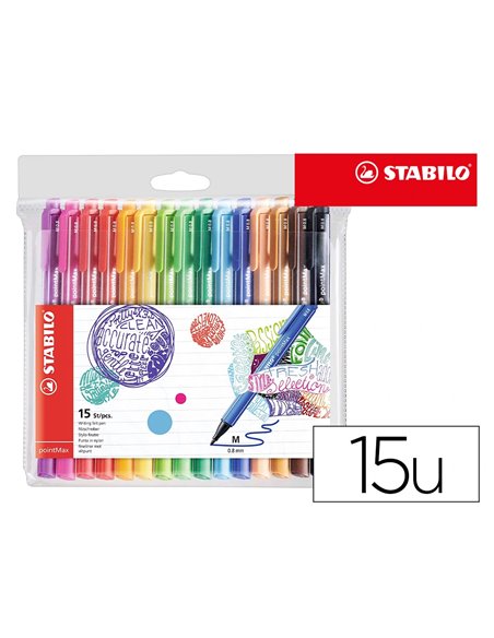 Stylo-feutre stabilo pointmax trace 0,8mm pointe moyenne nylon ultra robuste pochette 15 unites assorties.