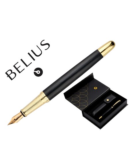 Stylo-plume et etui en simili cuir belius passion aluminium brosse attributs or encre bleue coloris noir coffret cadeau.