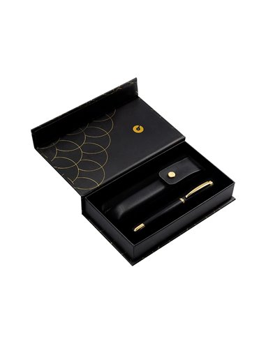 Stylo-plume et etui en simili cuir belius passion aluminium brosse attributs or encre bleue coloris noir coffret cadeau.