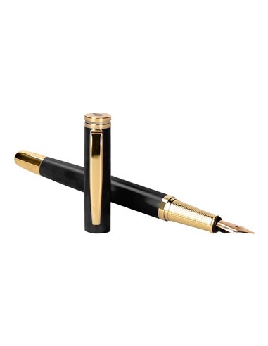 Stylo-plume et etui en simili cuir belius passion aluminium brosse attributs or encre bleue coloris noir coffret cadeau.