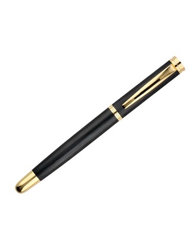 Stylo-plume et etui en simili cuir belius passion aluminium brosse attributs or encre bleue coloris noir coffret cadeau.