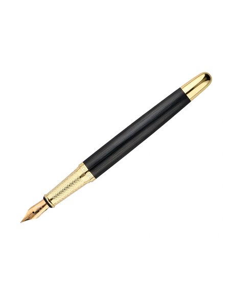 Stylo-plume et etui en simili cuir belius passion aluminium brosse attributs or encre bleue coloris noir coffret cadeau.