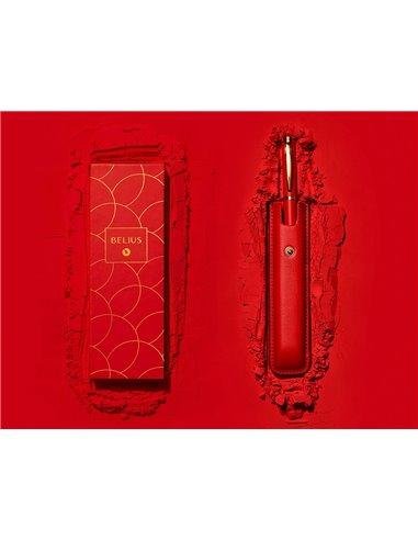 Stylo-plume et etui en simili cuir belius passion aluminium brosse attributs or encre bleue coloris rouge coffret cadeau.