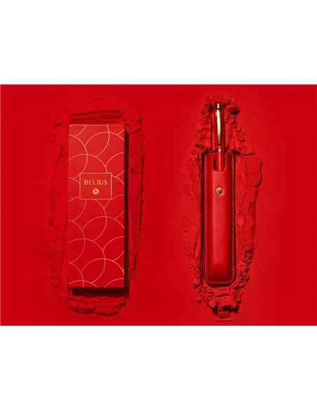 Stylo-plume et etui en simili cuir belius passion aluminium brosse attributs or encre bleue coloris rouge coffret cadeau.