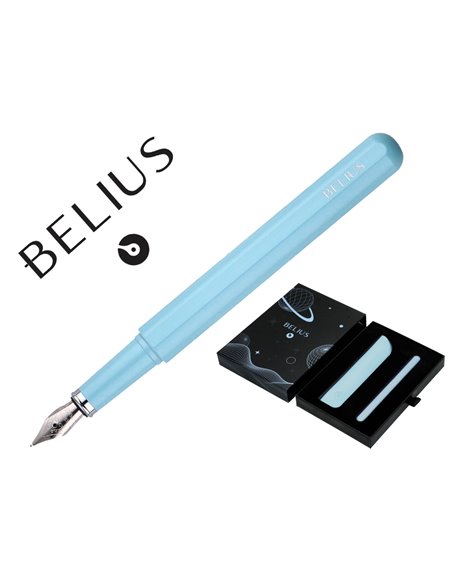 Stylo-plume et etui en simili cuir belius space b monochrome sans agrafe encre bleue coloris bleu dans coffret cadeau.