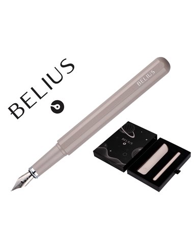 Stylo-plume et etui en simili cuir belius space b monochrome sans agrafe encre bleue coloris gris dans coffret cadeau.