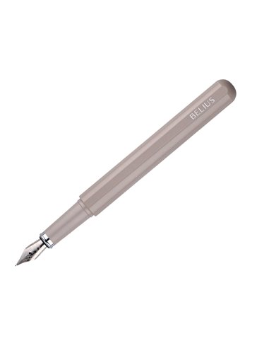 Stylo-plume et etui en simili cuir belius space b monochrome sans agrafe encre bleue coloris gris dans coffret cadeau.