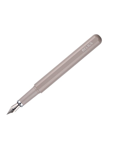 Stylo-plume et etui en simili cuir belius space b monochrome sans agrafe encre bleue coloris gris dans coffret cadeau.
