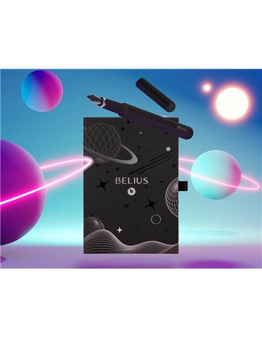 Stylo-plume et etui en simili cuir belius space b monochrome sans agrafe encre bleue coloris noir dans coffret cadeau.