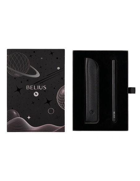 Stylo-plume et etui en simili cuir belius space b monochrome sans agrafe encre bleue coloris noir dans coffret cadeau.
