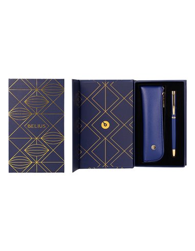 Stylo-plume et etui simili cuir belius soiree alum. Details et attributs or encre bleue col. Bleu marine coffret cadeau.