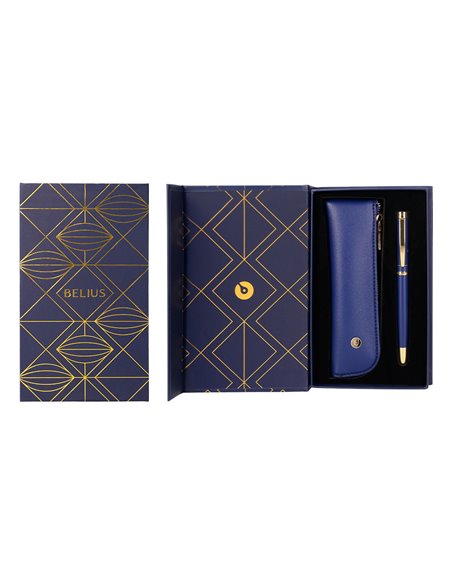 Stylo-plume et etui simili cuir belius soiree alum. Details et attributs or encre bleue col. Bleu marine coffret cadeau.