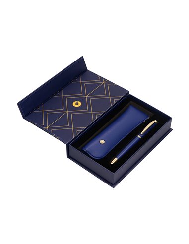 Stylo-plume et etui simili cuir belius soiree alum. Details et attributs or encre bleue col. Bleu marine coffret cadeau.