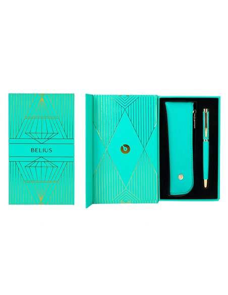 Stylo-plume et etui simili cuir belius soiree alum. Details et attributs or encre bleue coloris turquoise coffret cadeau.