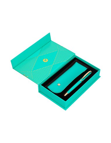 Stylo-plume et etui simili cuir belius soiree alum. Details et attributs or encre bleue coloris turquoise coffret cadeau.