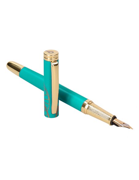 Stylo-plume et etui simili cuir belius soiree alum. Details et attributs or encre bleue coloris turquoise coffret cadeau.