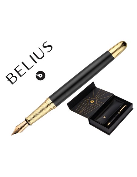 Stylo-plume et etui simili cuir belius soiree aluminium details et attributs or encre bleue coloris noir coffret cadeau.