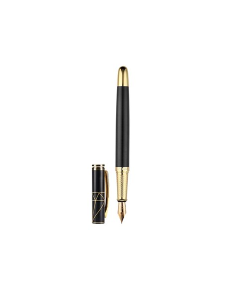 Stylo-plume et etui simili cuir belius soiree aluminium details et attributs or encre bleue coloris noir coffret cadeau.