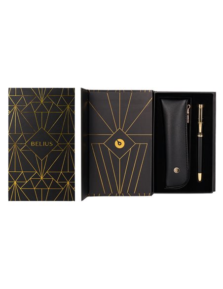 Stylo-plume et etui simili cuir belius soiree aluminium details et attributs or encre bleue coloris noir coffret cadeau.