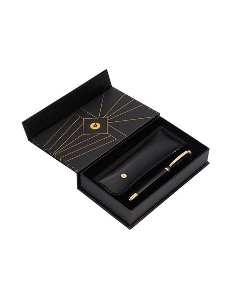 Stylo-plume et etui simili cuir belius soiree aluminium details et attributs or encre bleue coloris noir coffret cadeau.